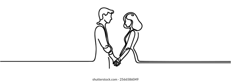 Man and woman holding hands and looking at each other - one line vector illustration.