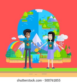 Man and woman holding hands on background of planet. Mountain landscape. Globe save earth. People from various ethnic group. Concept design for greeting card, poster in flat. Vector illustration.