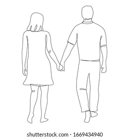 Man and woman holding hands one line drawing on white isolated background. Vector illustration