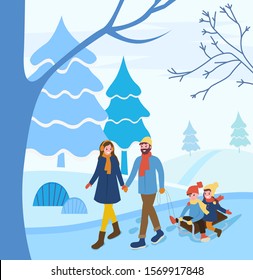 Man and woman holding hands pulling sleigh with children. Couple with kids on vacation. Family spending weekends together. Wife and husband in frosty forest with pine trees and snowy hills, vector