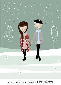 Man woman holding hands in the snow. Valentine Day