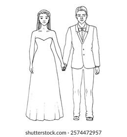 man and woman holding hands standing sideways, woman in open long evening dress, man in suit with bow tie - hand drawn line art