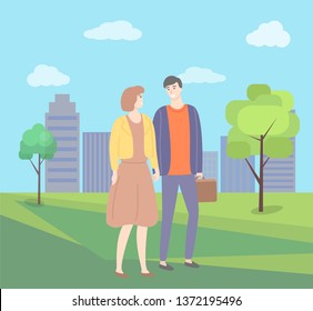 Man and woman holding hands vector couple in city park with trees and buildings. Male and female in love, guy and lady in dress, people in casual cloth
