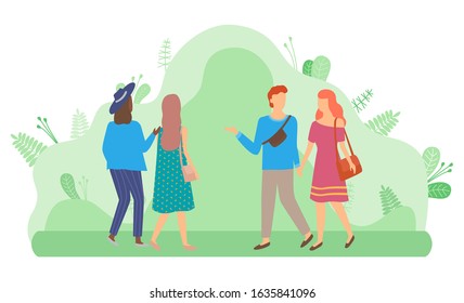 Man and woman holding hands vector, people in park. Friends strolling, female character wearing hat and fashionable clothes, couple walking together illustration in flat style design for web, print