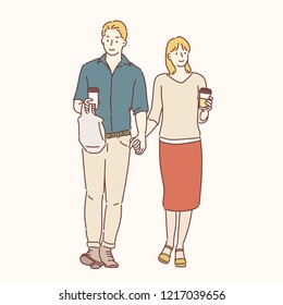 The man and woman are holding hands and walking in the other hand with coffee. hand drawn style vector design illustrations.