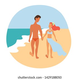 Man and woman holding hands walking on beach near sea. Girl and boy with tanned skin travel on sunny day. Couple travel during honeymoon in tropical island. Cartoon flat vector illustration.