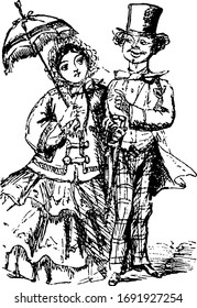 A man and woman holding hands and walking on road, She holding umbrella in hand, vintage line drawing or engraving illustration