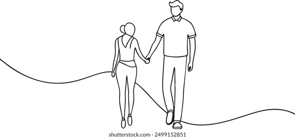 A man and woman are holding hands while walking down a path. Concept of togetherness and companionship
