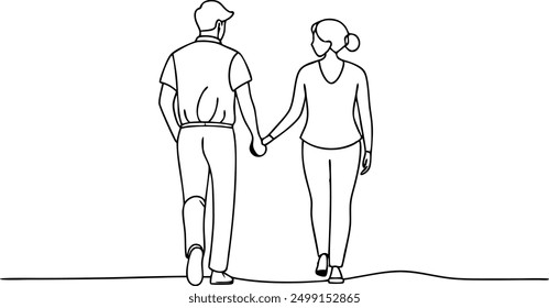 A man and woman are holding hands while walking down a street. The man is wearing a hat and the woman is wearing a shirt. The scene is simple and peaceful