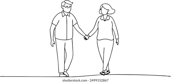 A man and woman are holding hands while walking. The man is wearing a shirt and pants, and the woman is wearing a shirt and pants as well