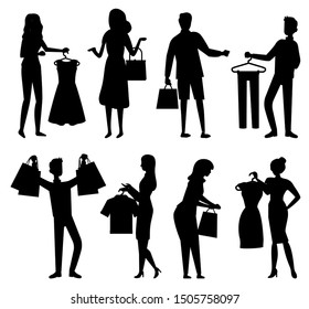 Man and woman holding hanger with clothes, people with purchase. Sale old collection, back shape of shopper with package, shopping symbol, market vector