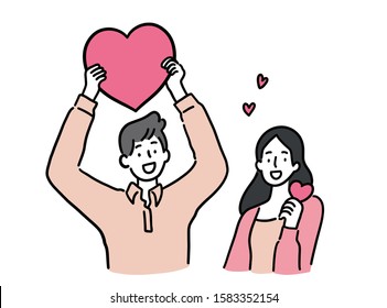 Man and woman holding heart, cute couple concept, hand-drawn style vector illustration.