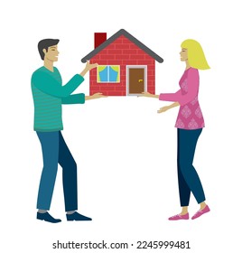 Man and woman holding house between them. Isolated on white. Vector illustration.