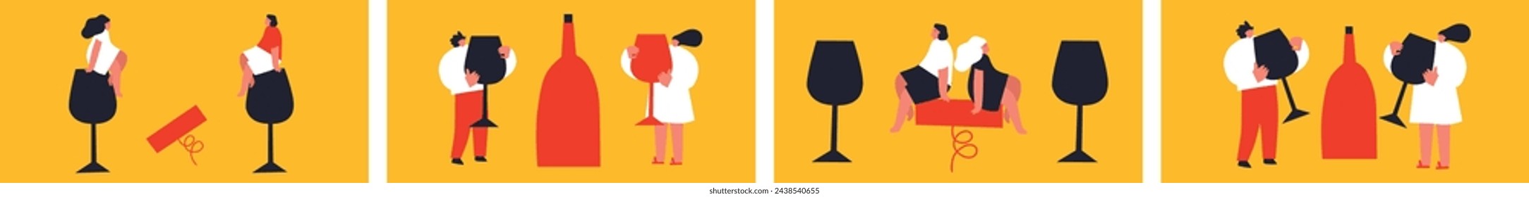 Man and woman holding huge glass of wine. Wine lover concept. Funny colored typography poster, apparel print design, bar menu decoration.