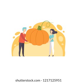 Man and woman holding a huge ripe pumpkin vector Illustration on a white background