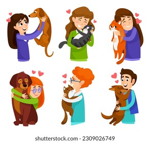 Man and woman holding and hugging their pets, dogs and cats, isolated on white background. Set of cute icons of happy people adopting animals from an animal shelter. Cartoon vector illustration