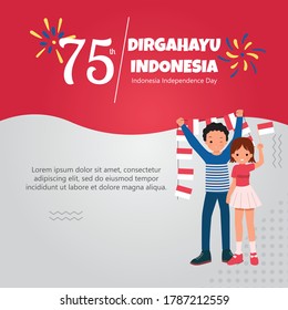 Man and woman holding Indonesian flag. Hari ulang tahun kemerdekaan Indonesia. Flat vector cartoon style design. Social media template post. Text means: Indonesian Independence Day.
