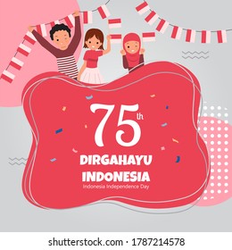 Man and woman holding Indonesian flag. Hari ulang tahun kemerdekaan Indonesia. Flat vector cartoon style design. Social media template post. Text means:  Longevity Indonesia.