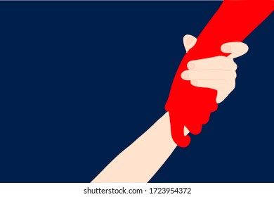 Man or woman is holding infected People hand (red). Use for Disease prevention (virus or bacteria) : Everybody must wash hand before touching other people. Infection spreading concept.