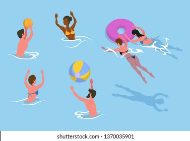Man and woman holding inflatable ball vector, people in pool flat style. Person swimming underwater, summertime vacation and relaxation of tourists