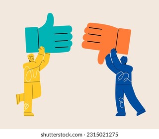 Man and woman holding like and dislike signs in hands. Voting and feedback concept. Colorful vector illustration
