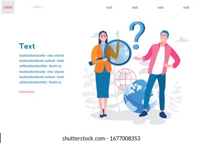 Man and Woman holding magnifying glass and looking through it at interrogation points. Vector illustration, Frequently asked questions, query, investigation, search for information. 