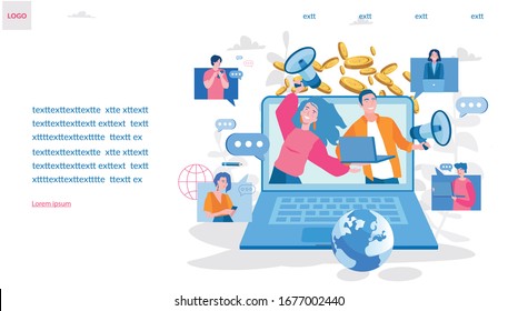 Man and woman holding megaphone.  Service advertisement. Vector illustration for web banner, infographics, mobile. Digital marketing, SMM, website content promotion on Internet and social media.