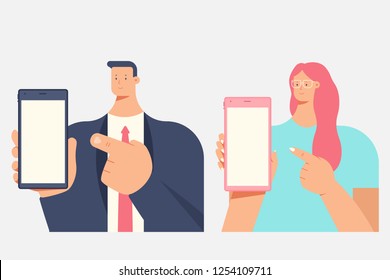 Man And Woman Holding Mobile Phone In Hand. Vector Flat Cartoon Person Character Isolated On A White Background.