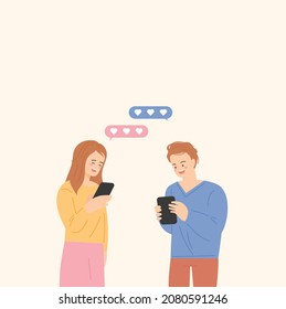 A man and a woman are holding mobile phones and sending mobile messages. flat design style vector illustration.