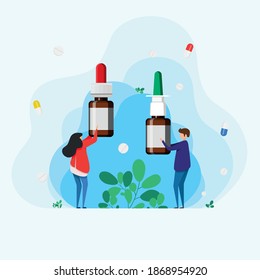 Man and woman holding nasal drops and spray to ease breathing during allergy and illness. concept Otolaryngology treatment rhinitis, allergies