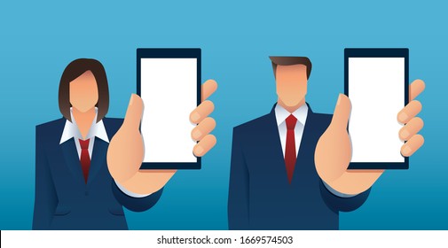 man and woman holding out hand to show blank smartphone screen isolated vector illustration EPS10