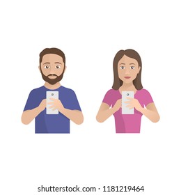 Man and woman holding phone - isolated vector illustration with couple portrait of male and female with smartphone in hands