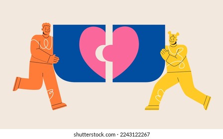 Man and woman holding pieces of heart that is matching. Love couple match. Valentine's day. Colorful vector illustration
