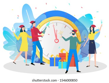 Man and woman holding present box and bottle with champagne. People celebrating winter holidays with gifts near clock symbol. Happy New Year abstract postcard with male and female in Santa hat vector