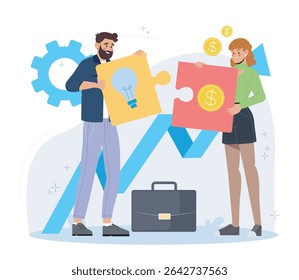 Man and woman holding puzzle pieces with lightbulb and dollar sign icons, flat style, on abstract background with gear and arrow. Concept of teamwork and business. Vector illustration