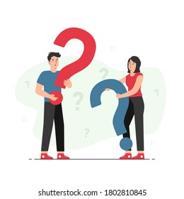 Man and woman holding question mark. Doubts, curious and confused