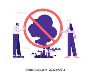 Man and woman holding red prohibition sign to stop the increase of factories and environmental pollution. Conceptual Illustration of Global Warming and Environmental
