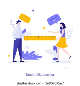 Man and woman holding ruler and talking to each other. Concept of social distancing during COVID-19 pandemic, contact avoidance. Coronavirus spread prevention measure. Modern flat vector illustration.