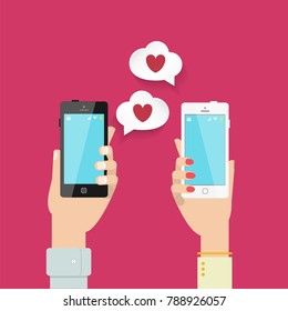 Man and woman holding smartphones. Dating app concept illustration. Vector 10eps file.