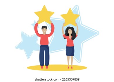 Man and Woman Holding stars above there heads to give Feedback Big Stars on background