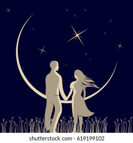 Man and woman holding their hands in a nature environment with plants, moon and stars.Vector art.