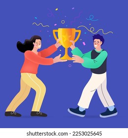 Man and woman holding trophies. Group of people holding trophy. golden cup and confetti. Business team achievements. Get reward and celebrate.
