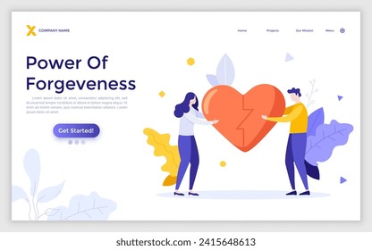 Man and woman holding two pats of broken heart. Concept of power of forgiveness, saving romantic relationship, family problems, conflict in love. Modern flat vector illustration for poster, banner.