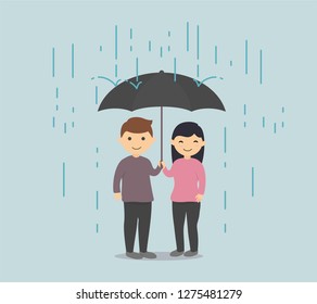 Man and woman holding umbrella among the rain vector illustration 