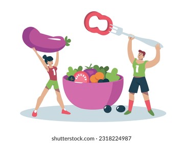 Man and woman holding vegetables. Cartoon character joining healthy vegan diet program. Healthy and active lifestyle. Eating organic fruit and vegetables. Vector flat illustration