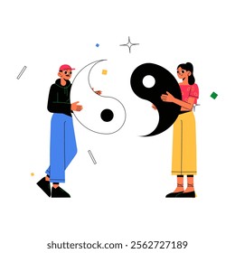 Man And Woman Holding Yin Yang Shapes In Flat Vector Illustration Symbolizing Balance, Unity, And Spirituality, Isolated On White Background