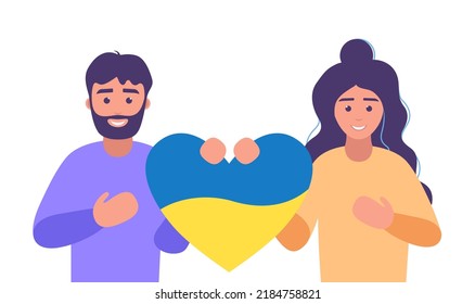 Man and woman holdings heart of Ukrainian flag. Pray for Ukraine. Stay with Ukraine. Vector illustration