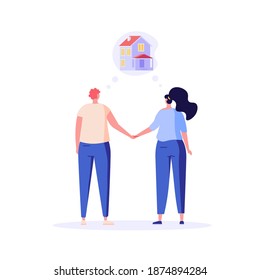 Man and woman holds hands, dreaming about house. Concept of relaxation, mortgage, home comfort, dream visualization, weekend, dreaming, makes wishes. Vector illustration in flat design