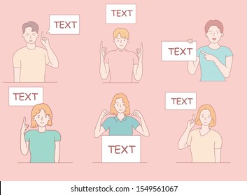 Man and woman holds a tablet with text. Shows on a board, plate, inscription, banner. Hand drawn illustration. Vector style for design and website, brochure, newspaper..