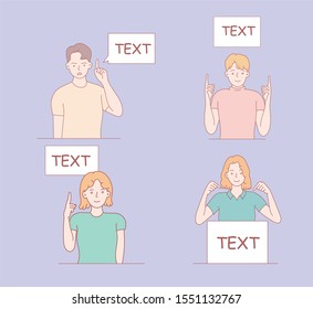 Man and woman holds a tablet with text. Shows on a board, plate, inscription, banner. Hand drawn illustration. Vector style for design and website, brochure, newspaper..